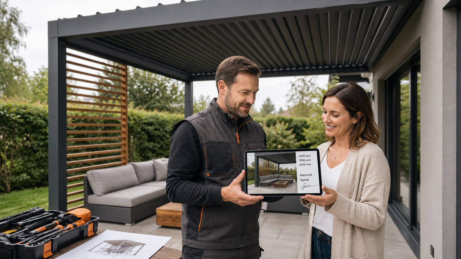 Installer and homeowner verifying a completed pergola against its approved digital design