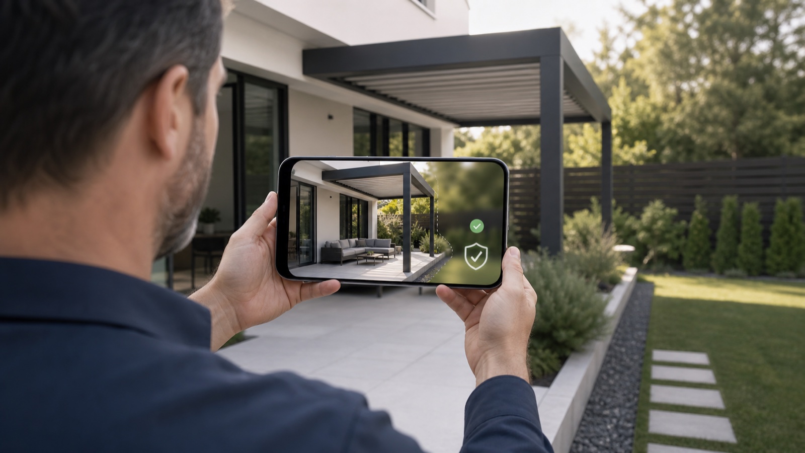Installer capturing a private garden for an augmented reality pergola quote with consent controls