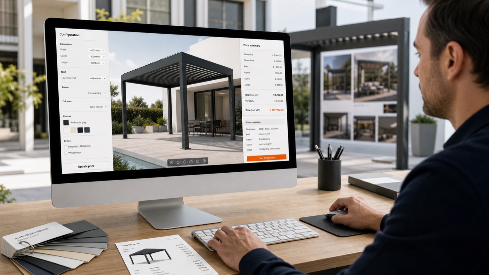 3D pergola configurator calculating an itemized live price from dimensions and selected options