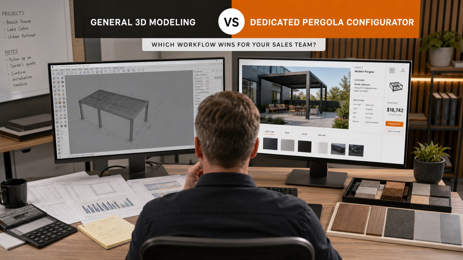 General 3D modeling workflow compared with an integrated pergola sales configurator and live quote