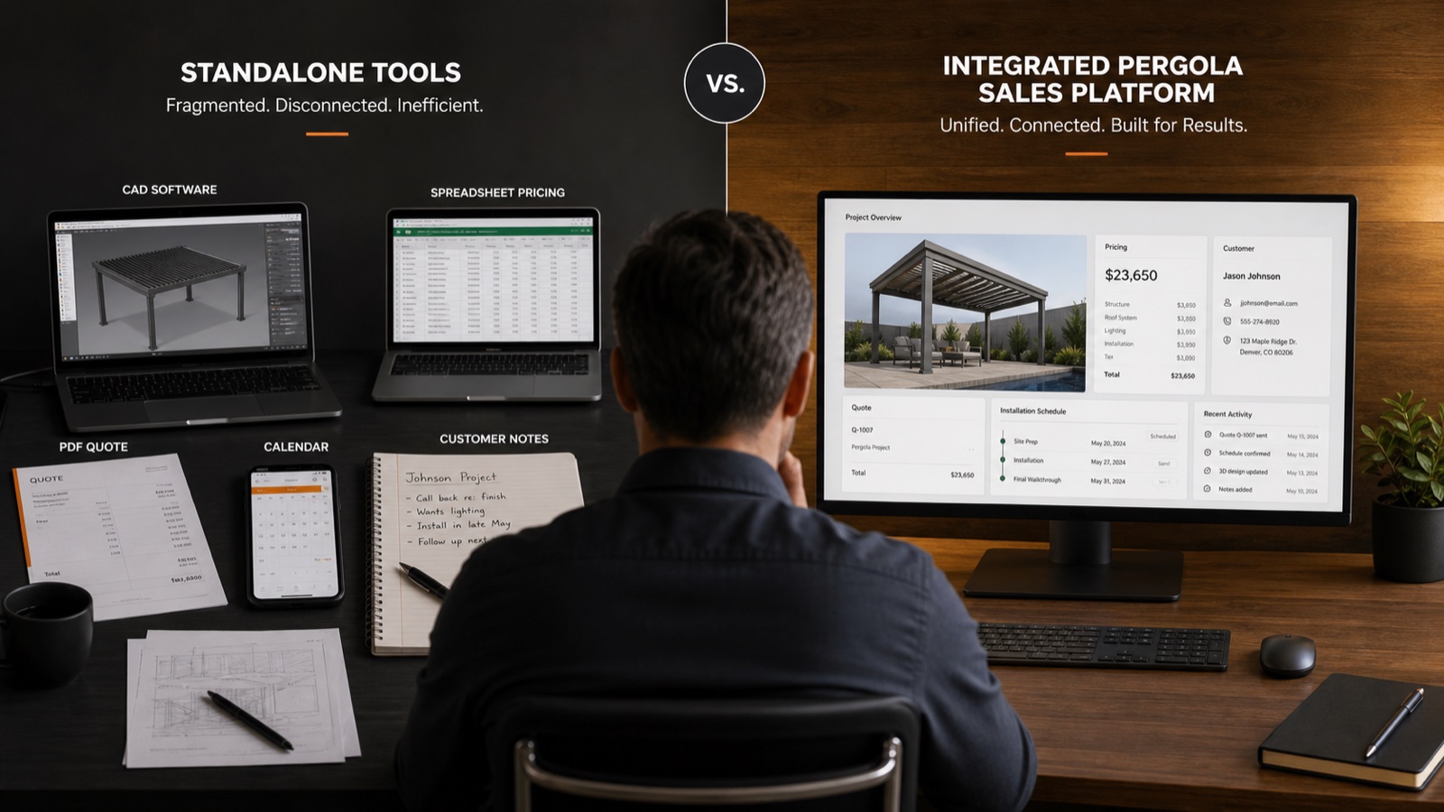 Separate CAD, spreadsheet, PDF and calendar tools compared with one integrated pergola sales platform