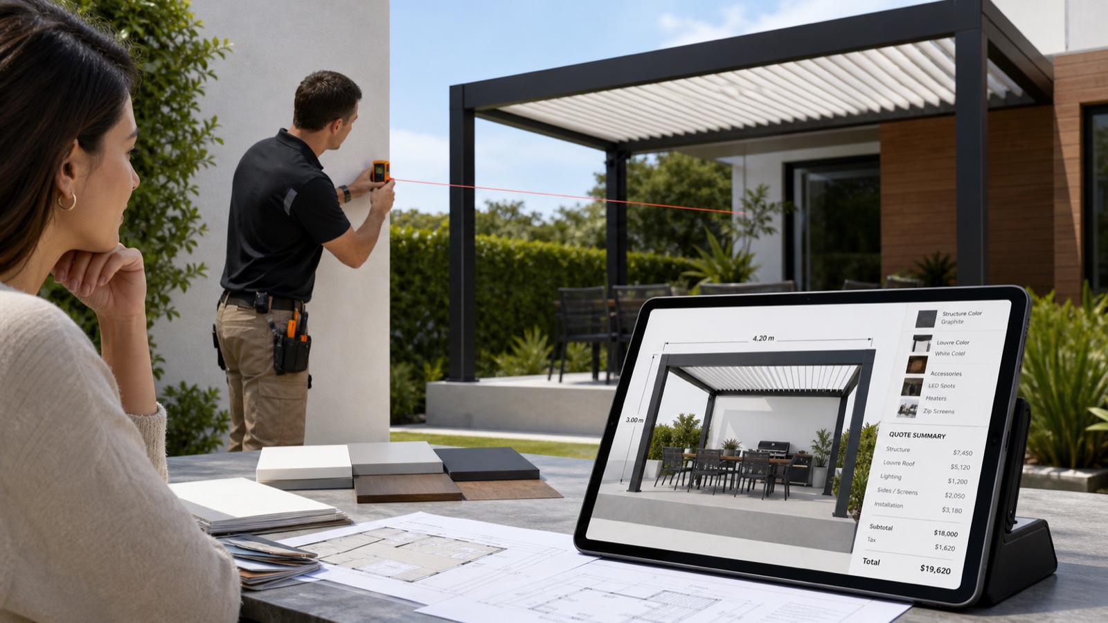 Pergola specialist measuring a patio while a dimensioned 3D design calculates the customer quote