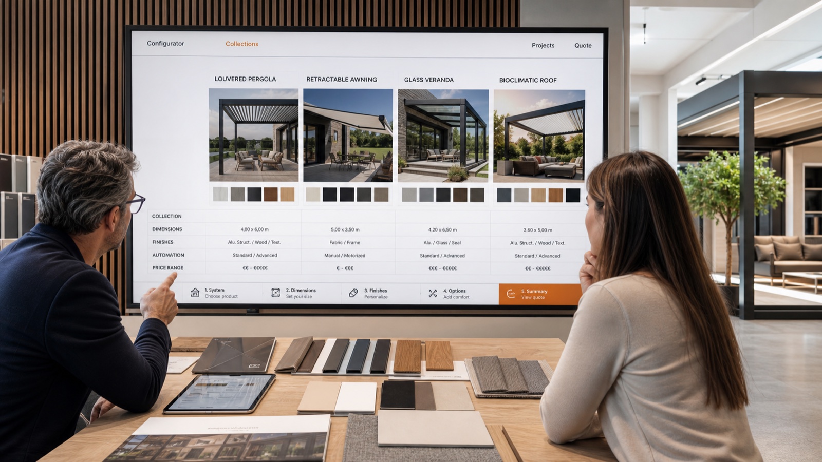 Dealer comparing pergola, awning, veranda and bioclimatic roof collections in one configurator