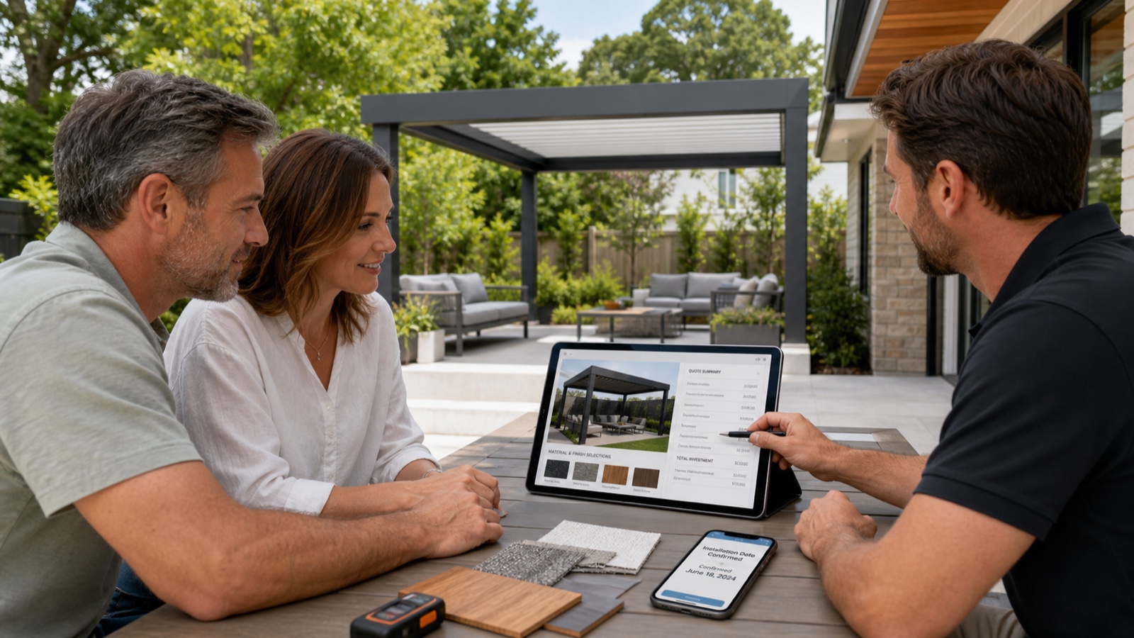 Homeowners reviewing a configured pergola, itemized quote and installation date in one site visit