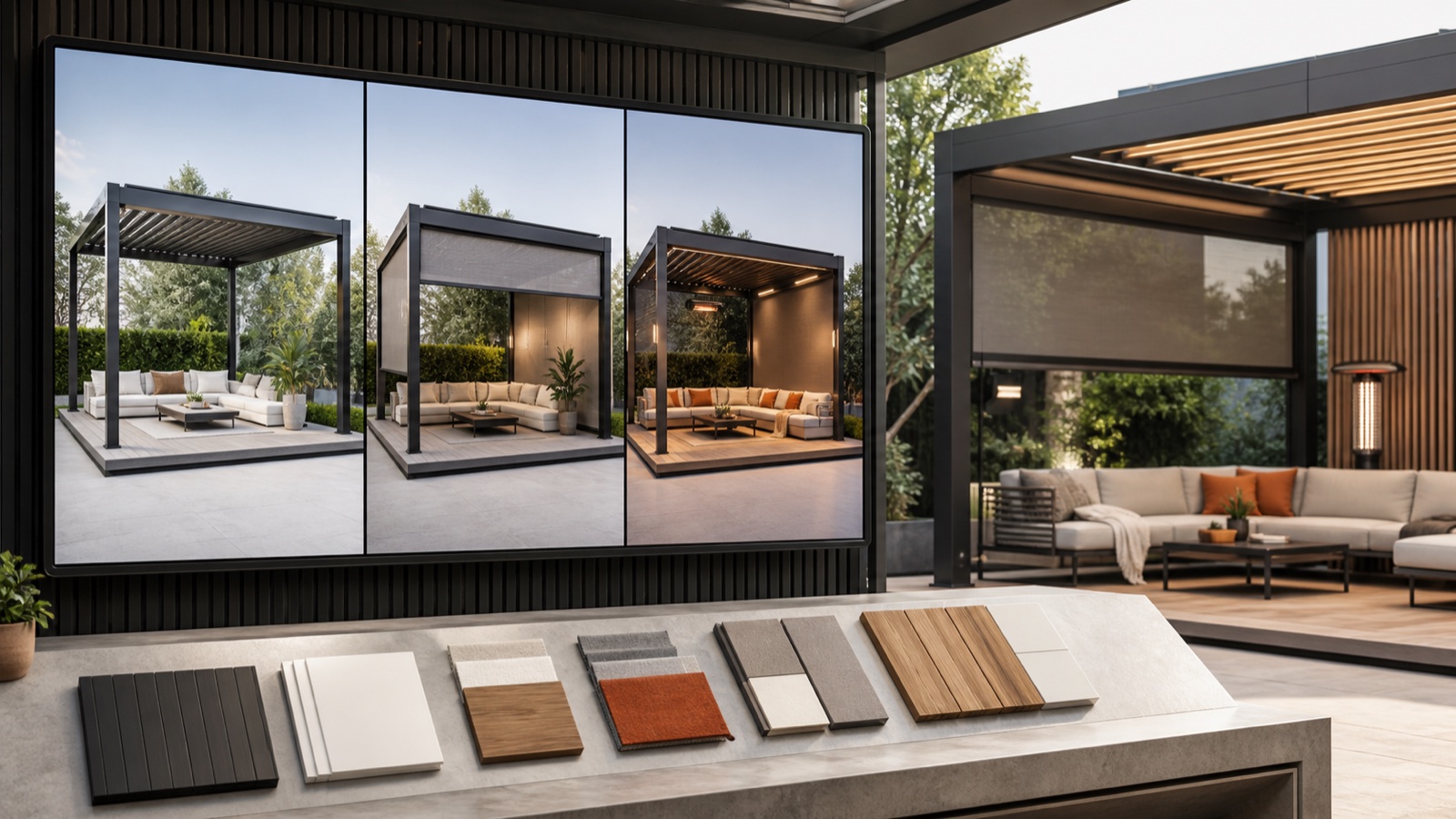 Three pergola configurator bundles combining screens, lighting, heating and finishes
