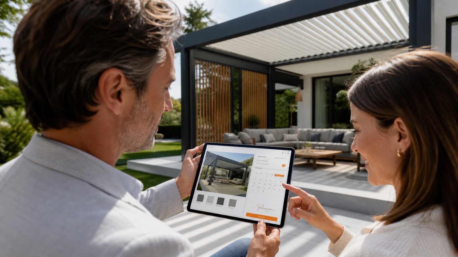 Customer approving a 3D pergola quote with a digital signature and installation date