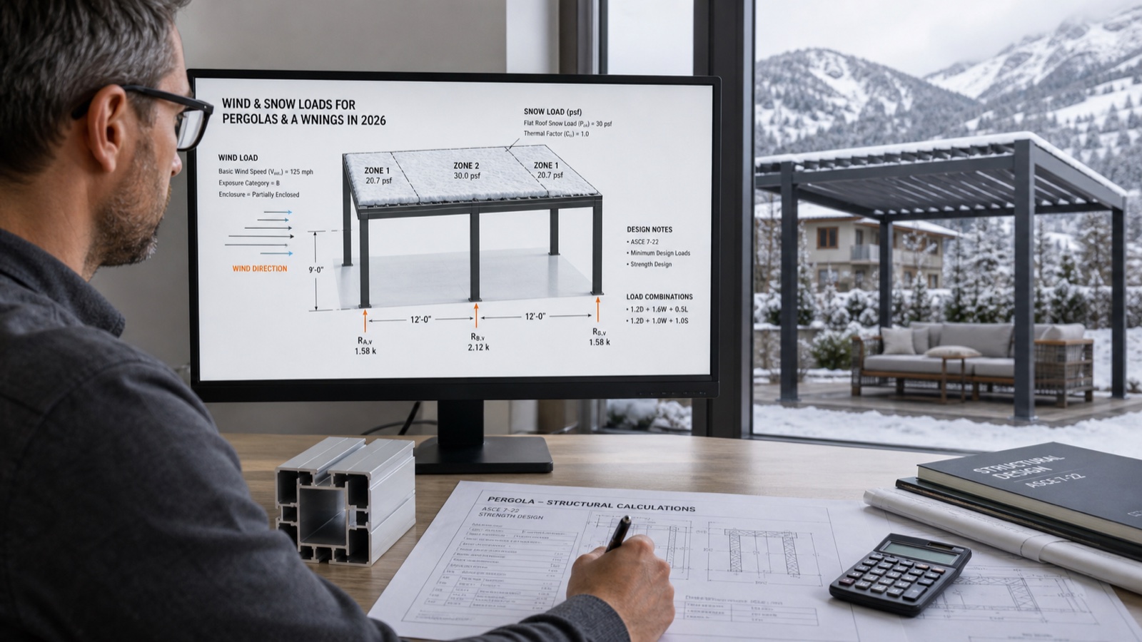 Structural engineer reviewing wind pressure, snow load zones and post reactions for a pergola
