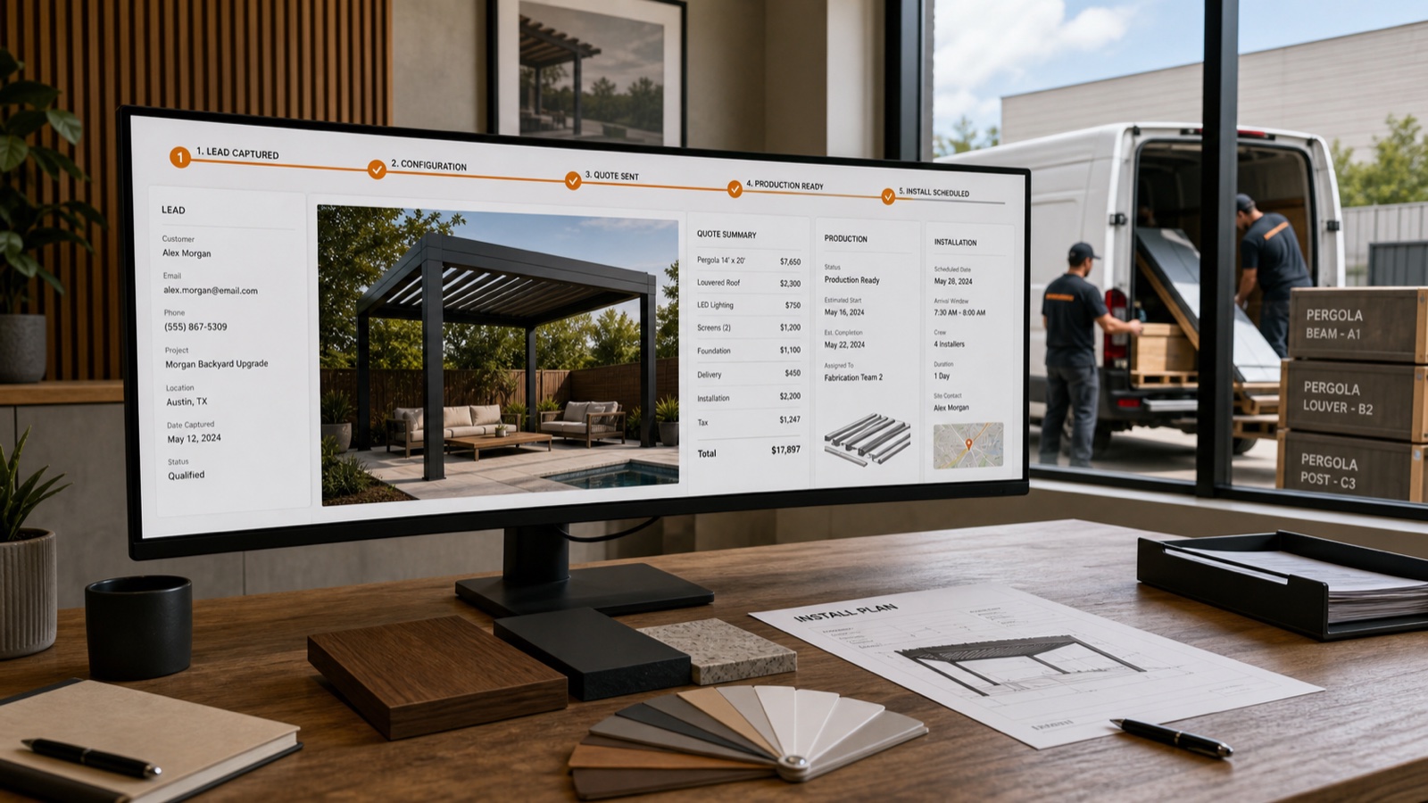 Connected pergola project record linking the customer lead, 3D design, quote, production and installation