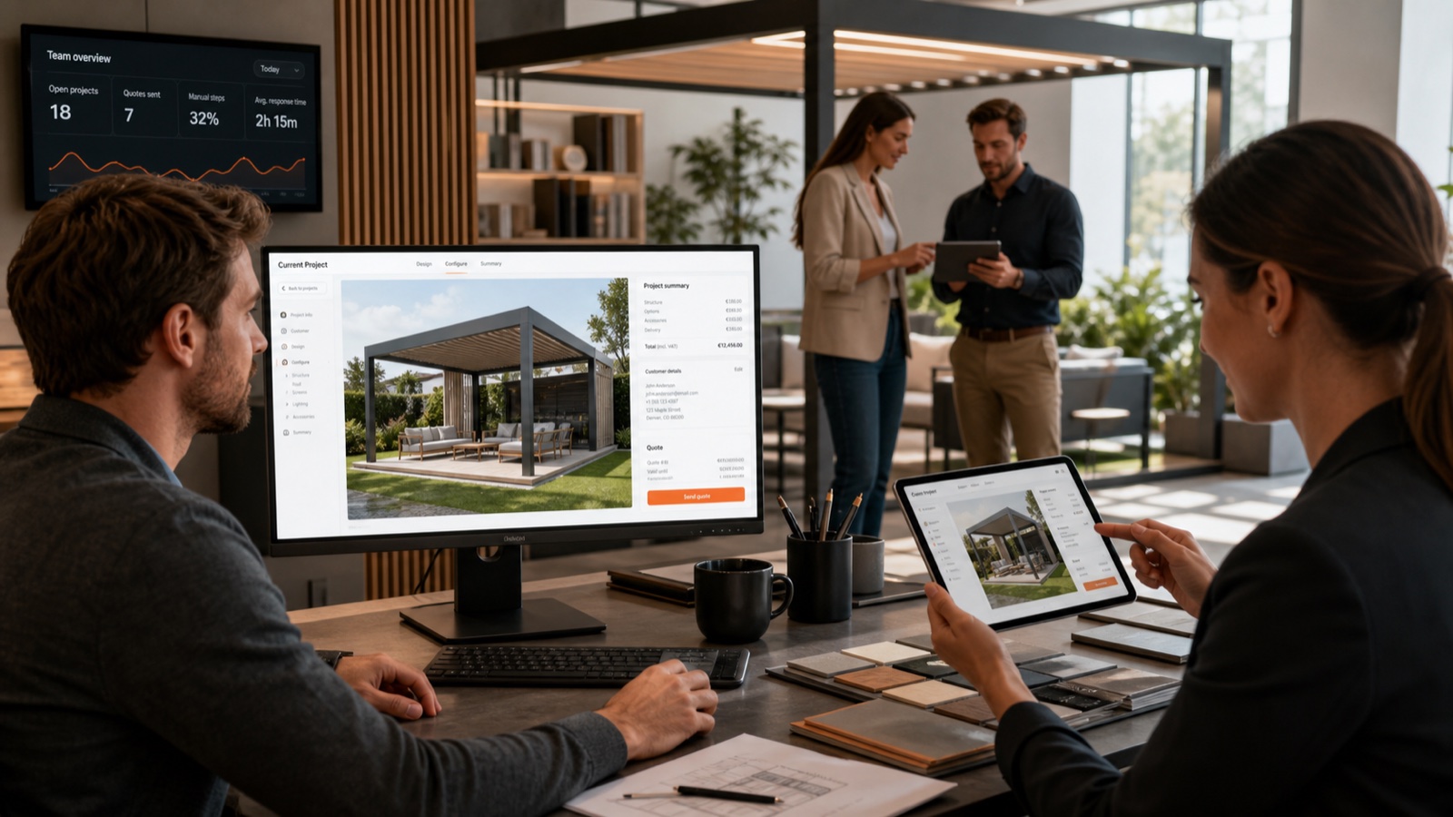 Sales team continuing one configured pergola project across desktop and tablet without re-entering data