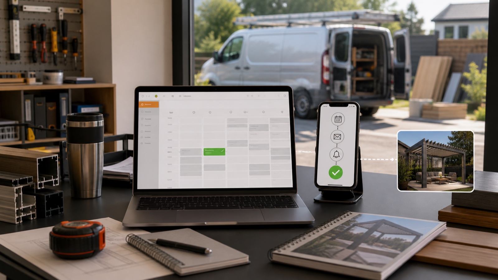 Pergola installation schedule and automated customer reminders beside a prepared work van