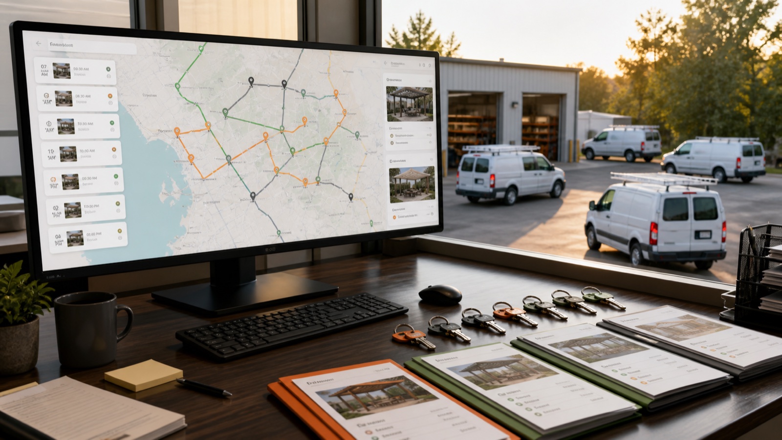 Pergola installer route optimization dashboard coordinating several field service vans