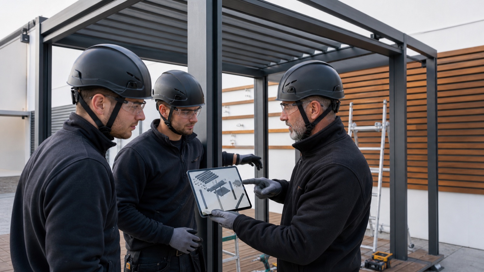 Experienced trainer teaching pergola installers with a 3D assembly model on a tablet
