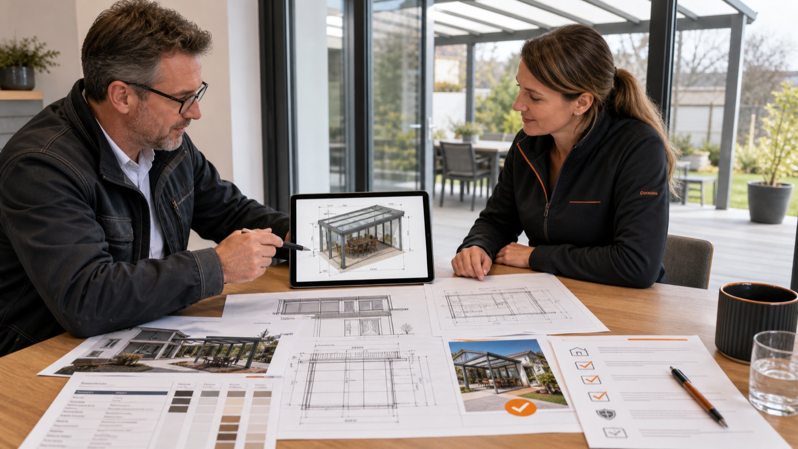 Specialists reviewing permit-ready veranda drawings, dimensions, site photos and quote checklist