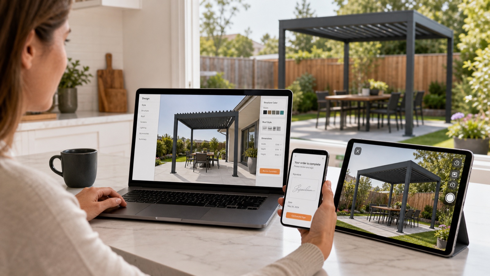 Homeowner moving from an online pergola configuration and AR preview to a signed digital contract
