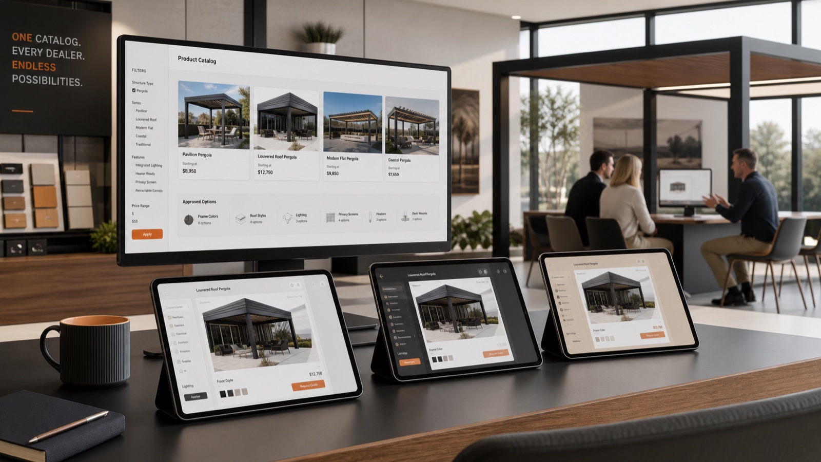 One controlled 3D pergola catalog serving several white-label dealer configurators
