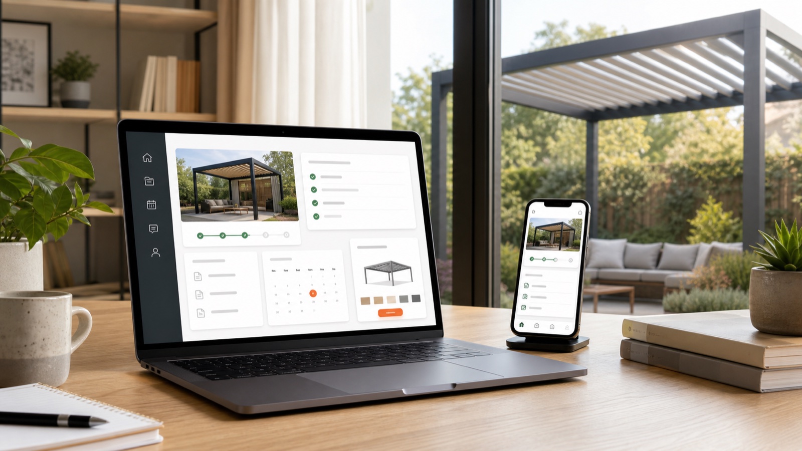 White-label outdoor shade customer portal showing project status, documents and service dates