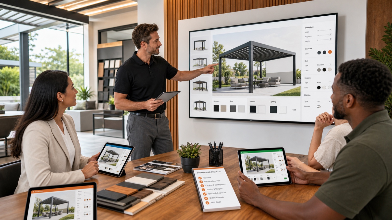 Dealer representatives learning a white-label pergola configurator in a showroom training session