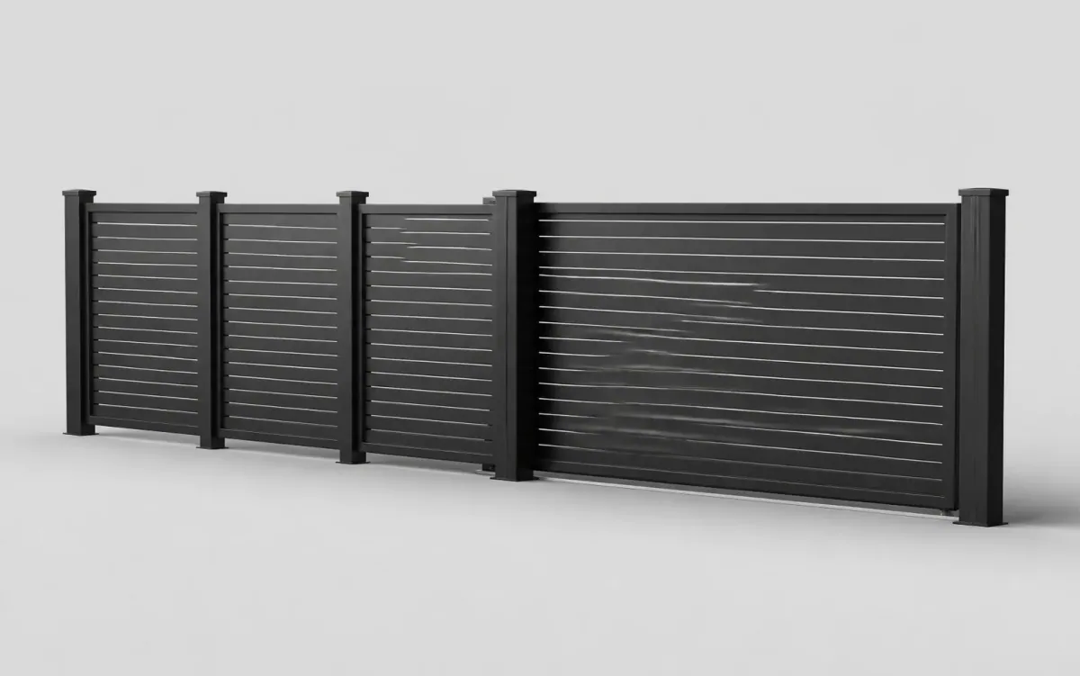 Anthracite horizontal fence panels and coordinated sliding gate, product render