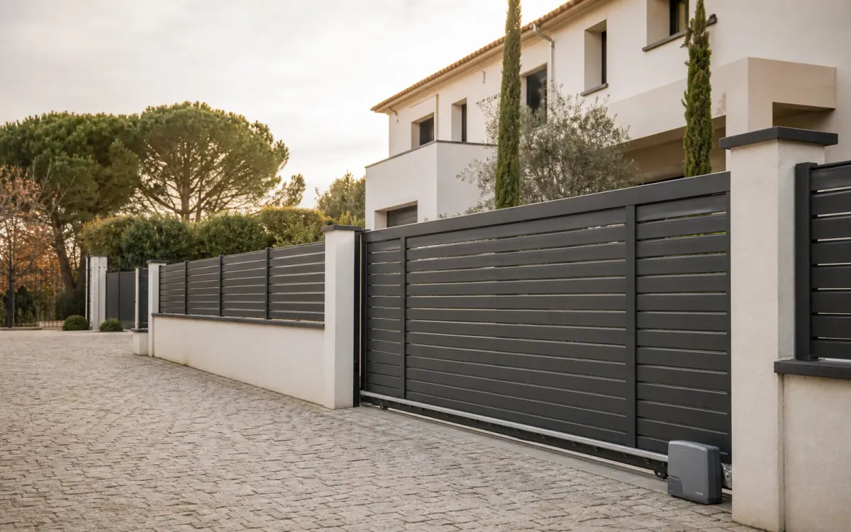 Anthracite sliding driveway gate and matching fence panels beside a house, architectural visualisation