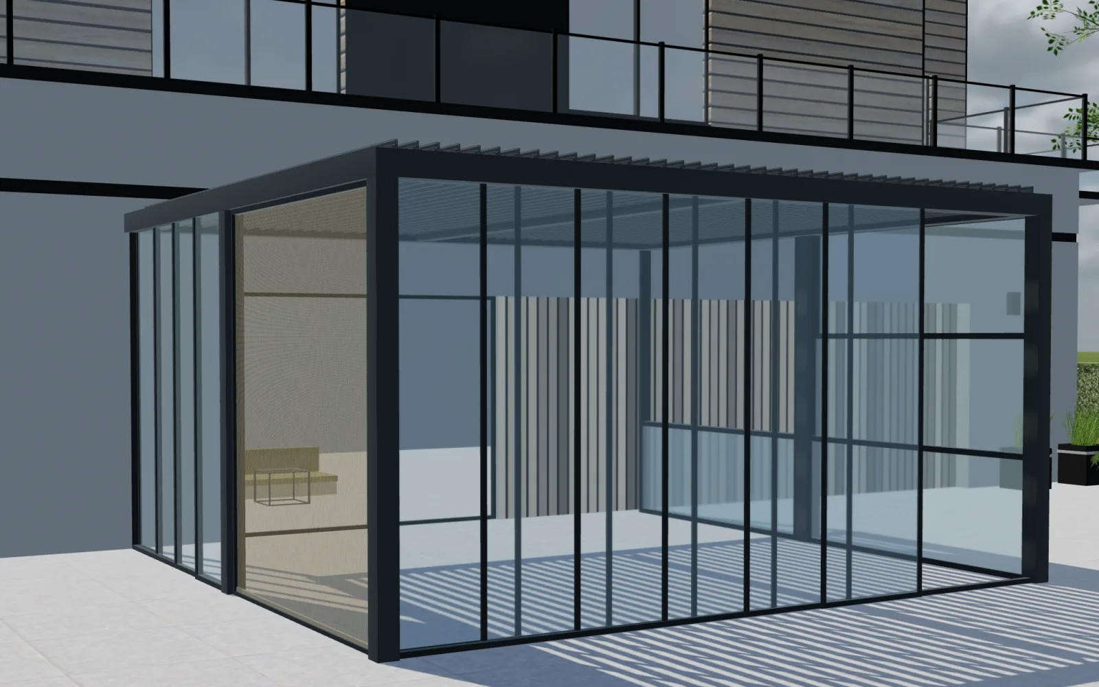Louvred pergola with sliding glass panels shown in Configurix 3D