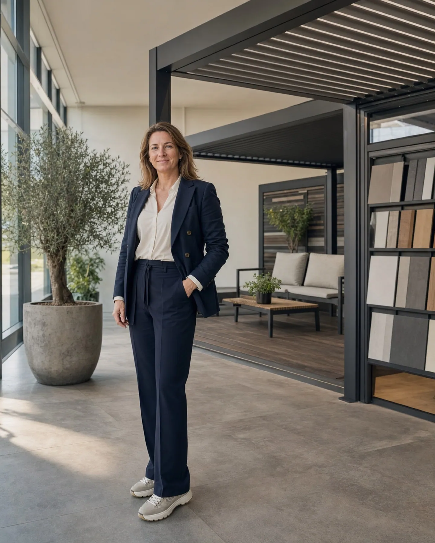 Illustrative founder profile in a contemporary pergola showroom