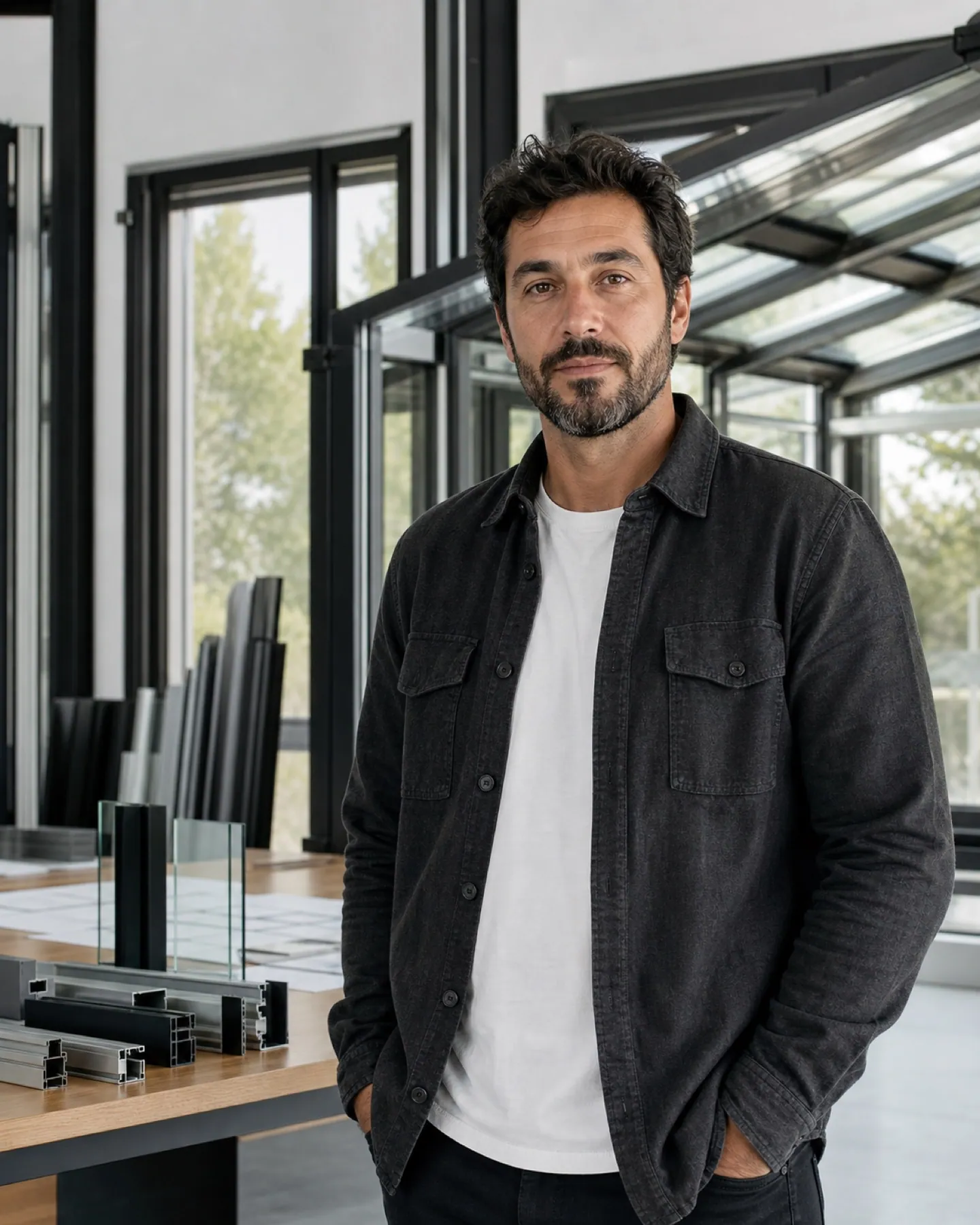 Illustrative founder profile in a glass-veranda studio