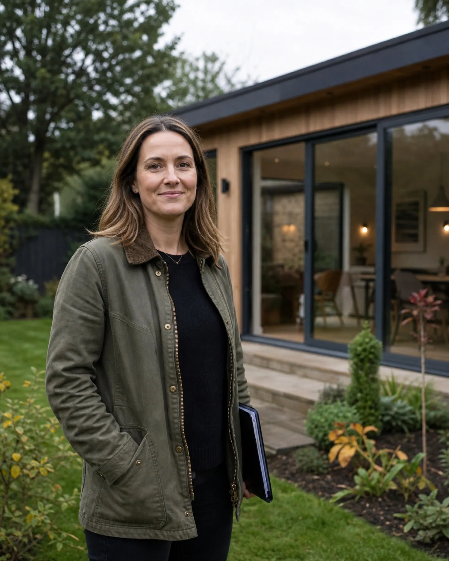 Illustrative founder profile outside a modern garden room